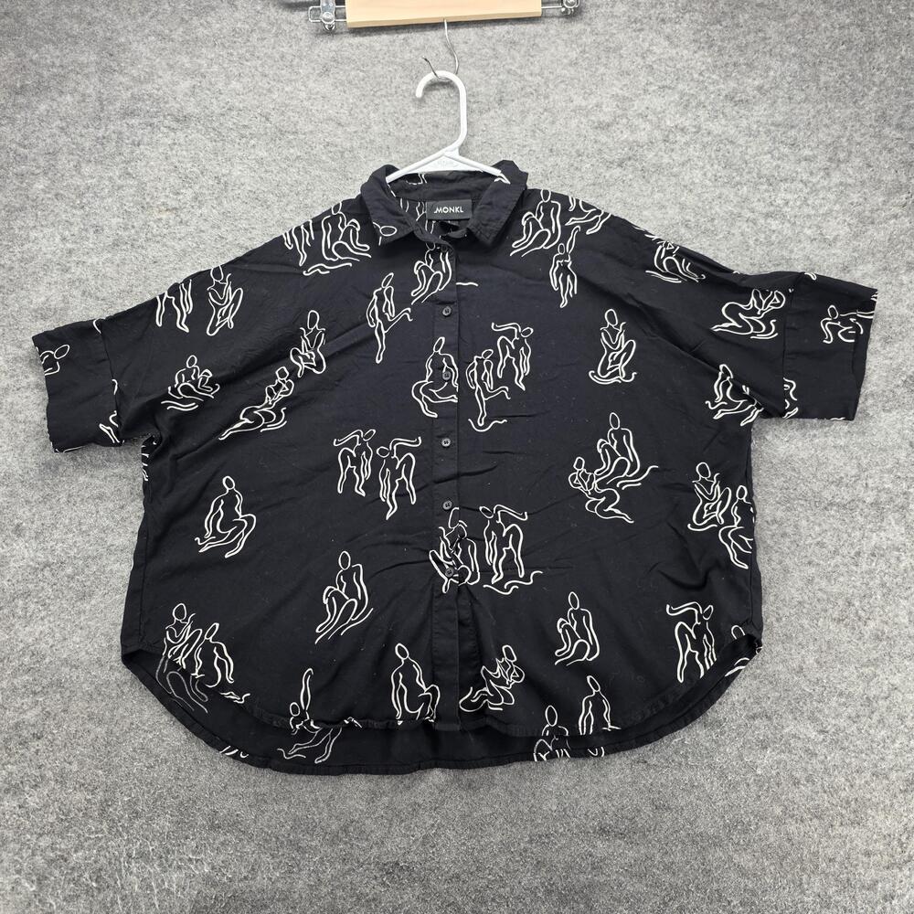 MONKL Button-Up Tunic Womens S Black Short Sleeve Collared Viscose Relaxed Fit